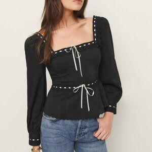 Reformation Haisley Cotton Lace Top Blouse Sz4 Black Long Sleeves